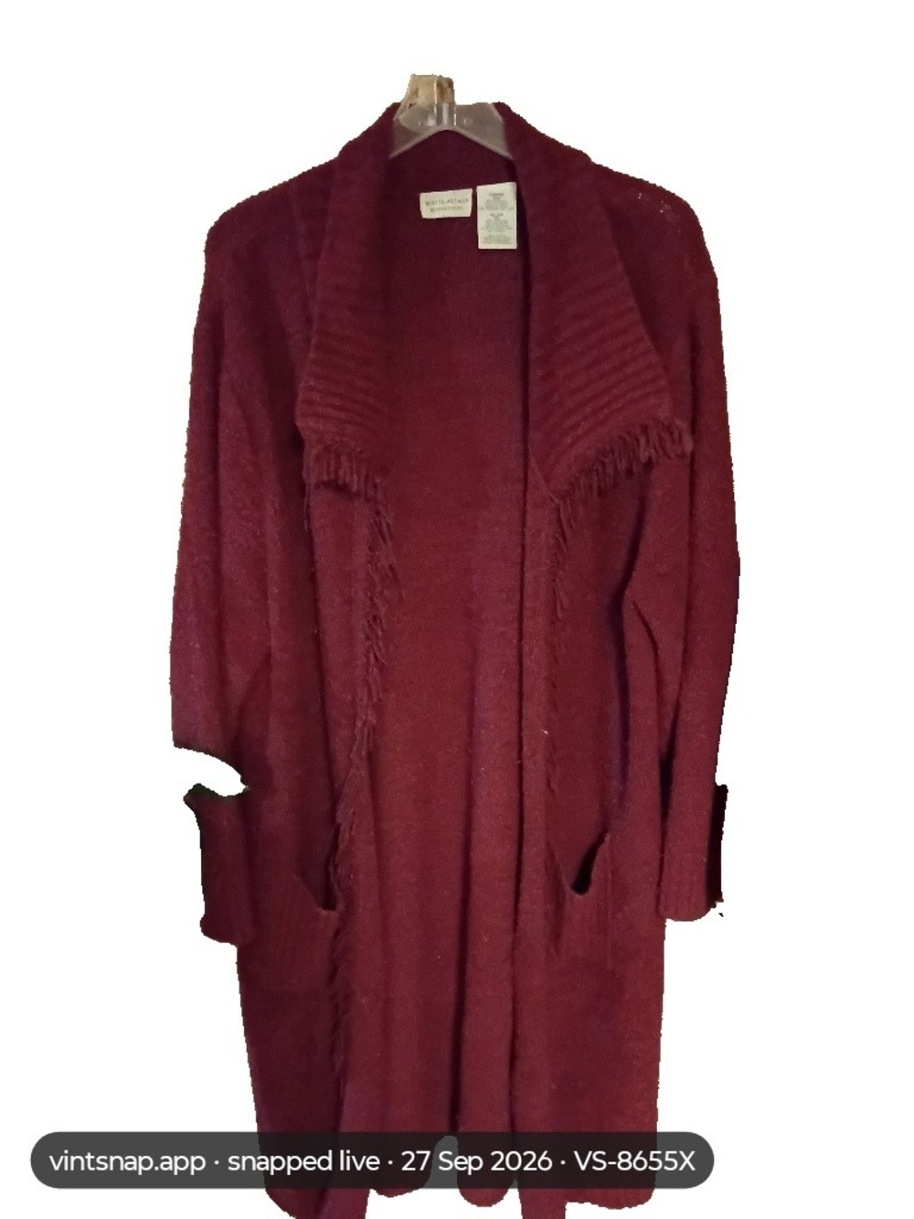White Stag Burgundy Open-Front Fringe Cardigan